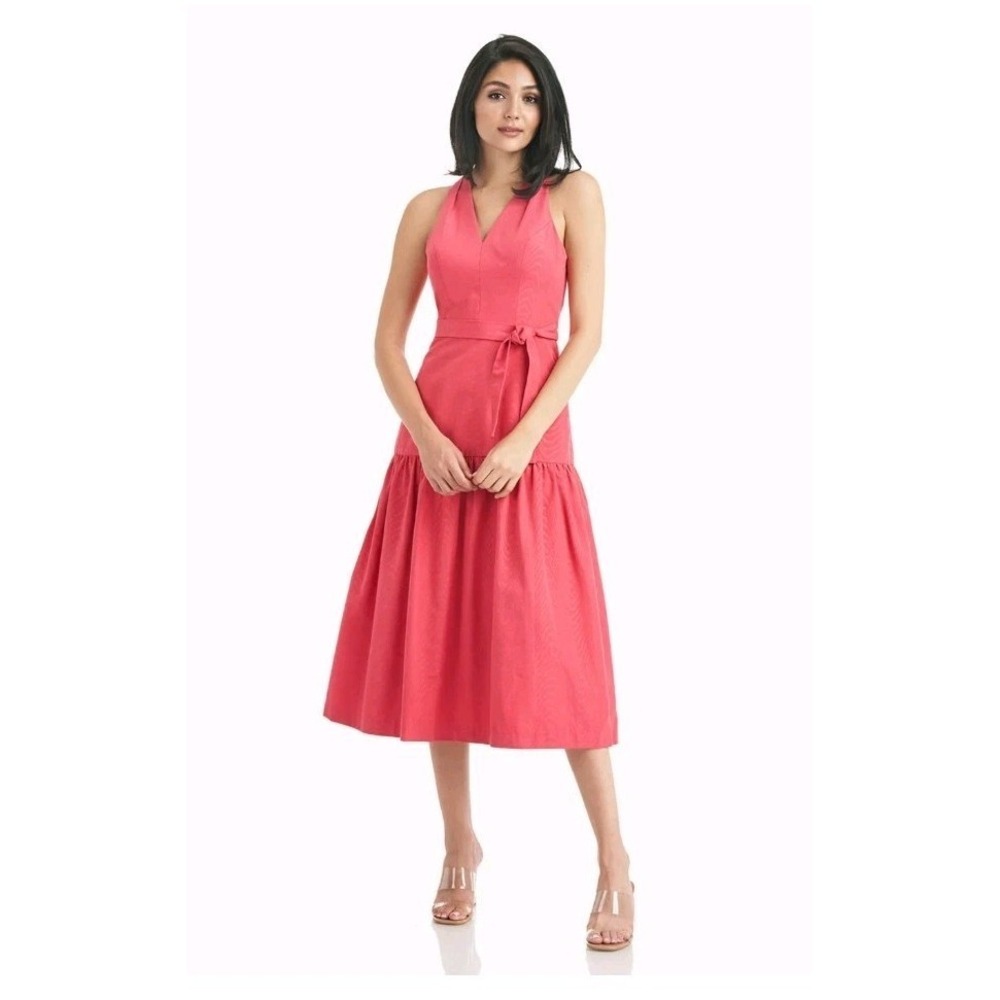 Kay Unger New York Paige Dress Tea Length Cocktail Pink Size 4 V Neck Tiered Bow